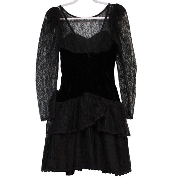 Vintage 80s Dress Size 5 Lace Black Velvet Goth Party Prom Steppin Out USA Bow - Picture 8 of 14